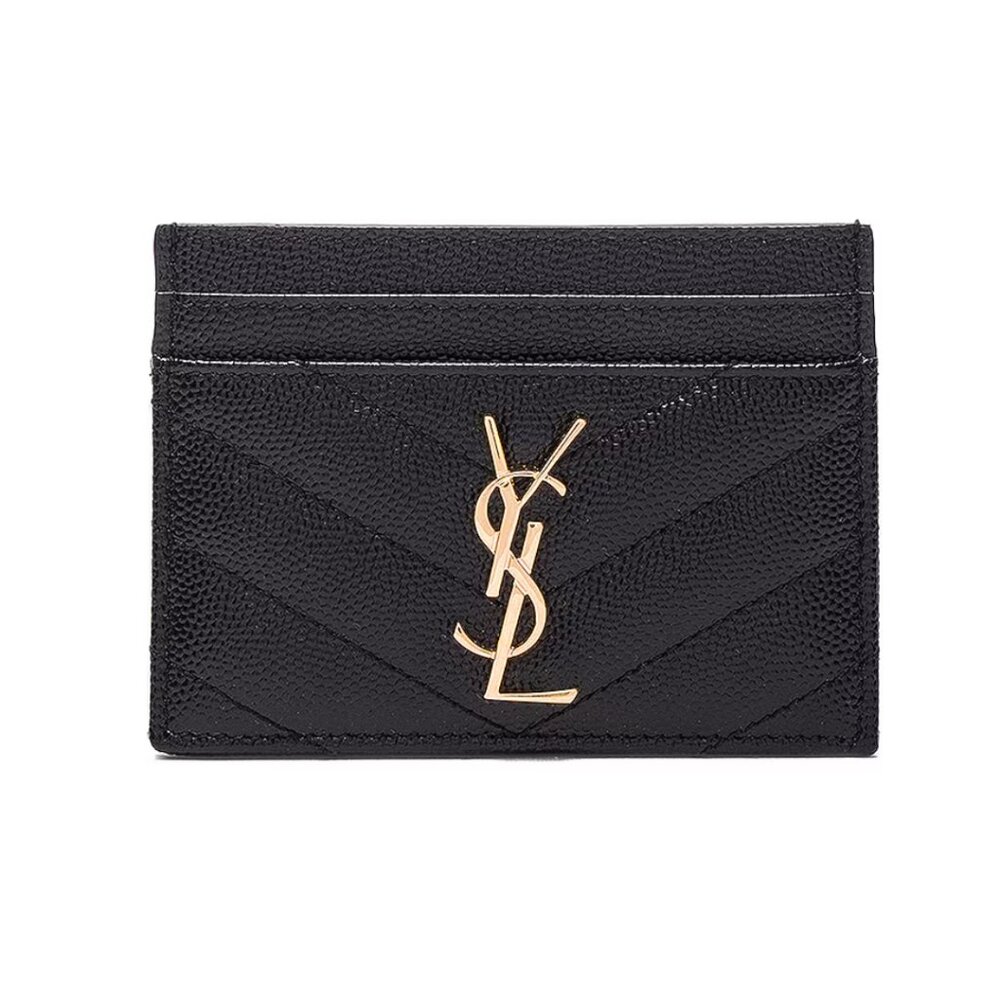 NWT Saint Laurent YSL Card Holder Chevron Pattern Black Leather Grain De Poudre